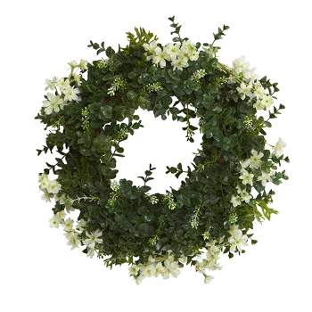 Nearly Natural 18” Eucalyptus and Dancing Daisy Double Ring Artificial Wreath with Twig Base