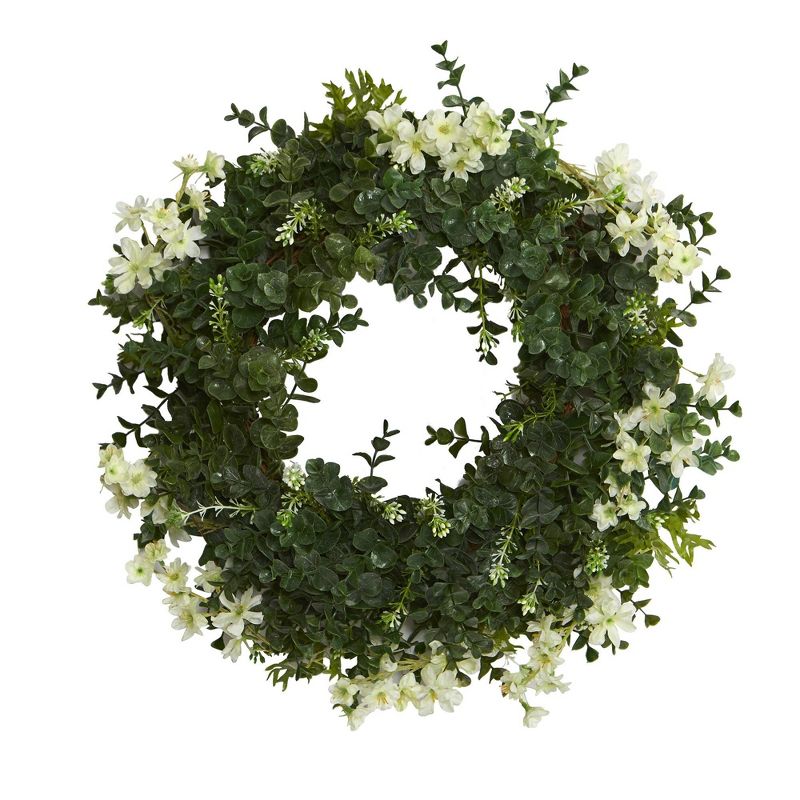 Nearly Natural 18” Eucalyptus and Dancing Daisy Double Ring Artificial Wreath with Twig Base, 1 of 4