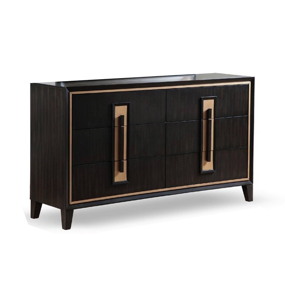 Benzara Yada Wide Dresser 6 Drawers Espresso Brown Solid Wood Gold Metal