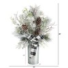 Nearly Natural 28-in Frosted Greenery and Pinecone with Plaid Bow Artificial Christmas Arrangement in Decorative Tin - 2 of 4
