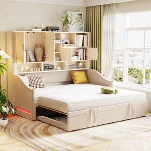 Twin Size Upholstered Daybed with LED Armrest Lights, Storage Shelves & Cabinets, Pull-Out Lift-Up Twin Trundle - 1 of 4