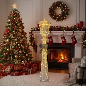 Angel Sar 5FT Lighted Lamp Post Christmas Decor, Pre-lit with 110 Warm White LED Lights, Bowknot Design Outdoor Indoor Holiday Display Decorations - 1 of 4