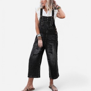 Amaryllis Women's Distressed Denim Overalls Wide-Leg Relaxed Fit Adjustable Straps Casual Vintage-Inspired - 1 of 4