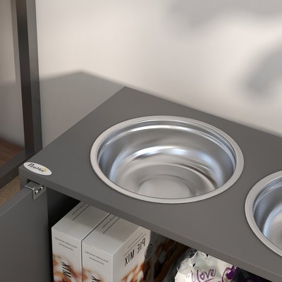Gray Elevated Dog Feeder with Stainless Steel Bowls and Storage