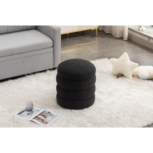 Okak Modern Round Ottoman Bench Vanity Stool Chair Soft Boucle Upholstered Makeup Footrest Stool for Couch Living Room Bedroom Entrance, Black - 1 of 4