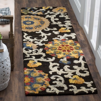 Handmade Charcoal and Multicolor Wool Floral Runner Rug