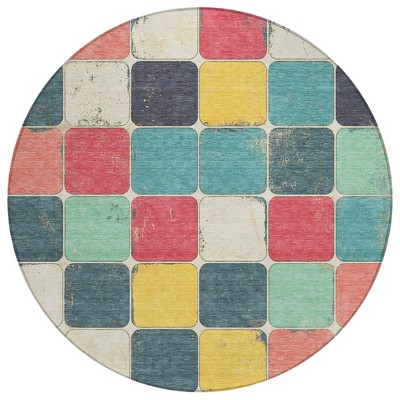 HomeRoots 8' Teal Blue Salmon And Yellow Round Geometric Washable Indoor Outdoor Area Rug