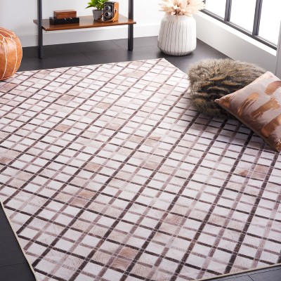 Beige and Brown Faux Fur Rectangular Washable Rug 6' x 9'