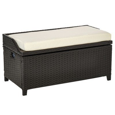 Outsunny Storage Bench Rattan Wicker Garden Deck Box Bin with Interior Waterproof Cloth Bag and Comfortable Cushion