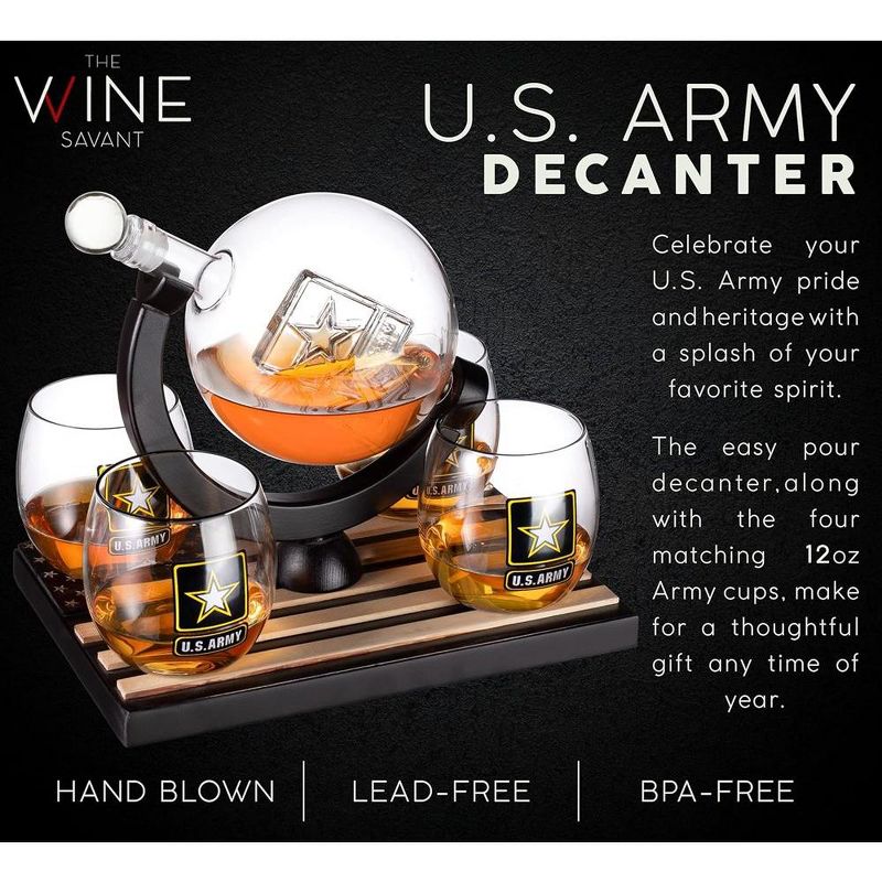 The Wine Savant Army Globe Design Whiskey & Wine Decanter Set Includes 4 Whiskey Glasses & 9 Whiskey Stones Laid on A Beautiful Wood Base - 850 ml, 4 of 7