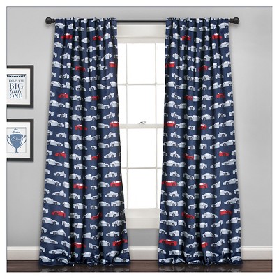 Kids' Race Cars Room Darkening Window Curtain Set Navy/Red - Lush Décor