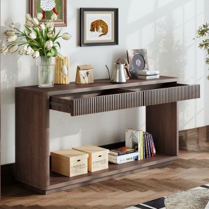 KIGFTSOD Modern 2-Drawer Fluted Console Table with Natural Wood Veneer, Behind Couch for Living Room, Hallway, Entryway, Home Office - 1 of 4