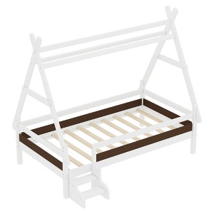 KWPZQEB Twin/Full Size Platform Bed, Montessori Wooden Bed Frame with House Design, Fence & Built-in Stairs, Low Profile Floor Bed for Kids - 1 of 4