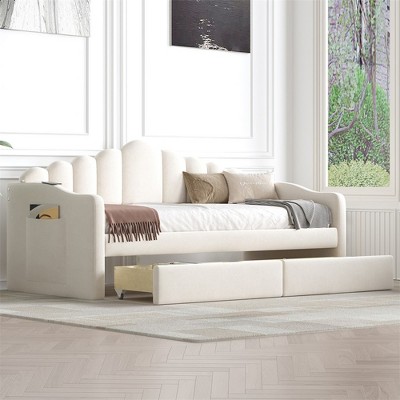 Twin Size Upholstered Daybed With Trundle, Velvet Day Bed With USB Charging Ports, No Box Spring Needed