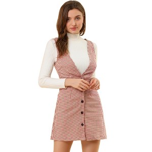 Allegra K Women's V Neck Gingham Check Pinafore Overalls Suspenders Plaid Print Dress - 1 of 4