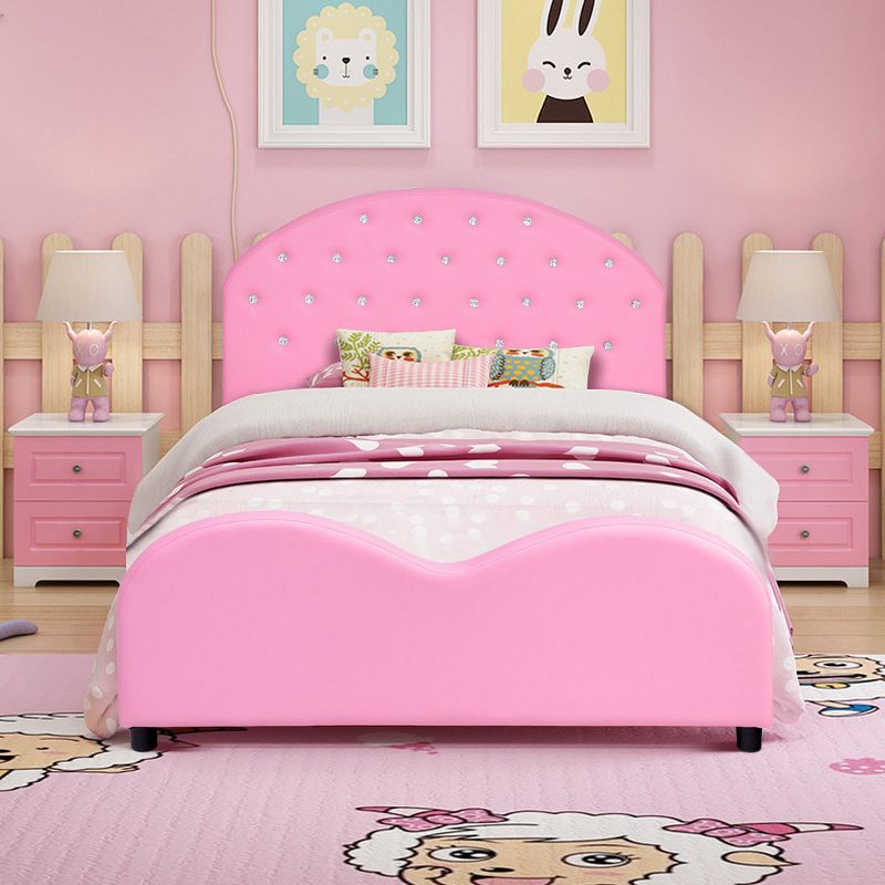 Costway Kids Children PU Upholstered Platform Wooden Princess Bed Bedroom Furniture Pink, 2 of 10