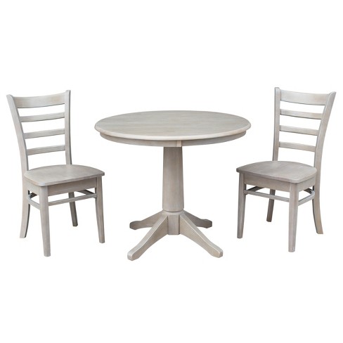 Round Top 36 X 36 Solid Wood Pedestal Dining Table And 2 Emily Chairs Washed Gray Taupe 3pc Set International Concepts