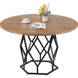 Round Table for 4 to 6 People, 120cm Dining Table with Metal Base in Diamond Shape, Round Farmhouse Wood Table for Kitchen, Living Room - 1 of 4