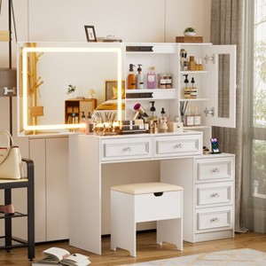 PAKASEPT Vanity Desk with Sliding Mirror and Lights, European Style with Glass Top, 5 Drawers, 2 Hidden Shelves, Charging Station & Stool Set, White - 1 of 4