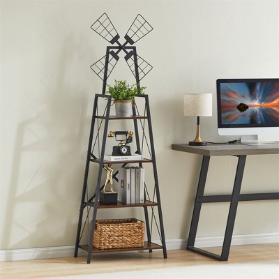 4-Tier Narrow Bookshelf, Windmill Shape Decoration Bookcase, Industrial Style Multipurpose Shelving Unit For Bedroom Living Room Home Office