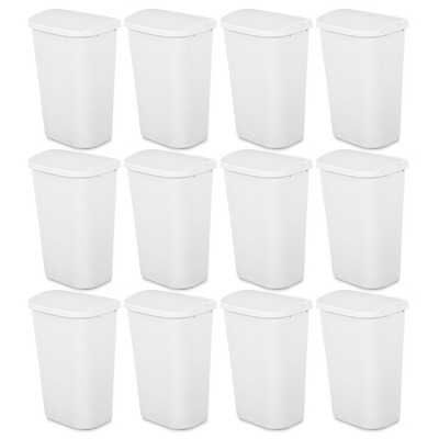 Sterilite 11.3 Gallon D Shape Flat Side Lift Top Lid Wastebasket Trash Can for Kitchen, Home Office, and Garage, or Workspace, White (12 Pack)