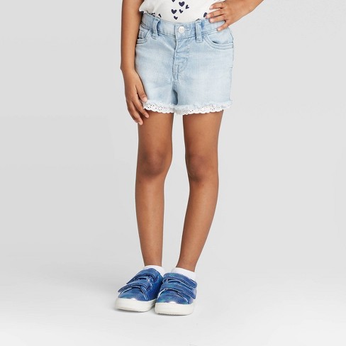 Little Kids' Lace Trim Denim Shorts in Light Wash/white