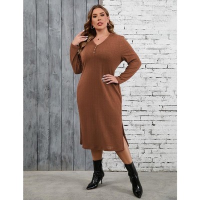 Womens Knit Sweater Dress Plus Size V Neck Slim Fit Casual Dress Slit Hem Midi Dress Long Sleeve Fall Dress