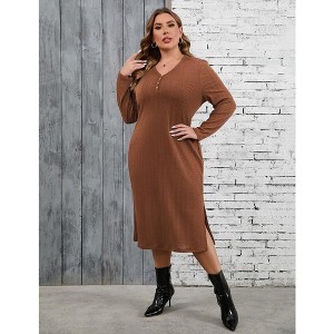 Womens Knit Sweater Dress Plus Size V Neck Slim Fit Casual Dress Slit Hem Midi Dress Long Sleeve Fall Dress - 1 of 4