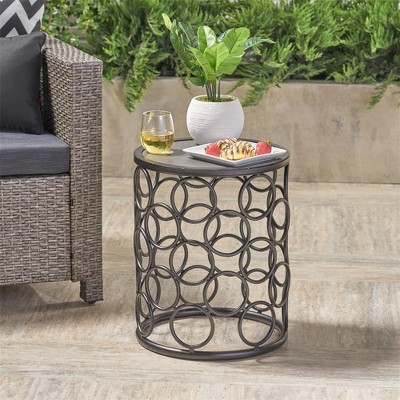 15.75in Outdoor Elegant Side Table, Patio Round Hollow End Table, Lightweight Metal Frame Stool, Lace Cut Accent Table Nightstand