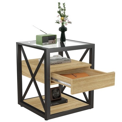 Dolonm Modern End Table with Drawer-Nightstand for Bedroom & Living Room, Rustic Wood Grain MDF& Tempered Glass Top, Industrial Style Side Table