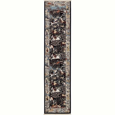 Navy Blue and Tan Floral Synthetic Runner Rug