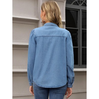 INSPIRE CHIC Women's Denim Puff Long Sleeve Button Down Jean Shirt Jacket Large Blue — фото 4