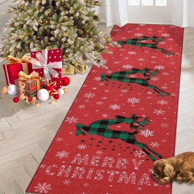 Christmas Area Rugs, Washable Non-Slip Reindeer Snowflakes Carpet, Soft Low Pile Foldable Stain Resistant for Bedroom, Home
