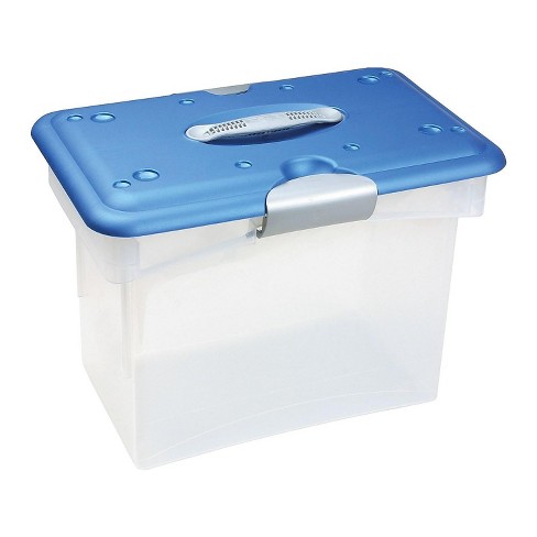 File Tote Storage Box with Lid , Letter, Plastic, Clear/Navy