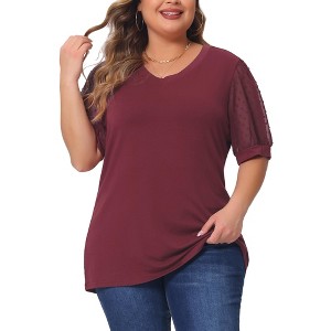 Agnes Orinda Women's Plus Size V Neck Swiss Dots Puff Sleeve Loose Casual Dressy Blouses - 1 of 4