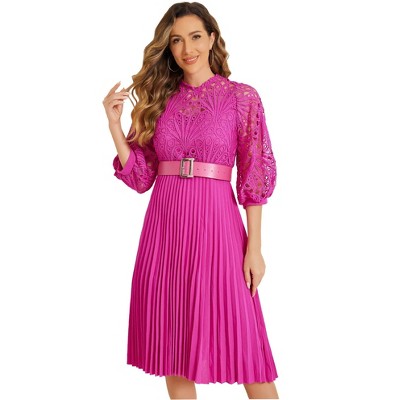 INSPIRE CHIC Women's Floral Lace Panel 3/4 Sleeves Belted A-Line Pleated Dresses