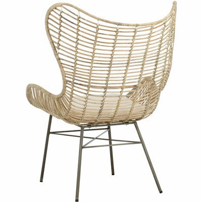 Transitional Beige Rattan Wingback Armchair with White Wash Finish
