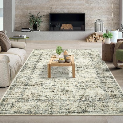 9x12 Washable Area Rug, Vintage Low Pile Distressed Carpet, Non-Slip, Stain-Resistant, No-Shedding, Bedroom/Living/Dorm Accent Rug, Beige