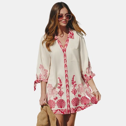 Женские платья Cupshe Women's Vacationing Tropical Print Mini Shirt Dress-S-White