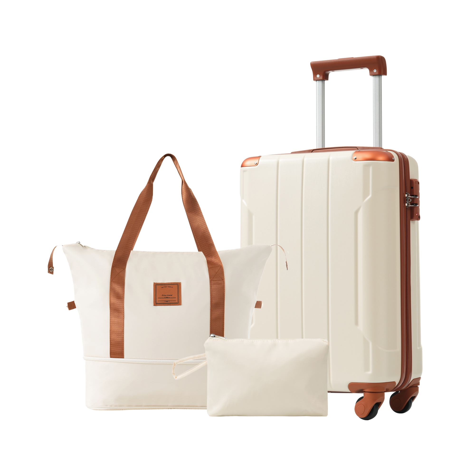 20" Carry On Luggage Set with Spinner Wheels, Lightweight Hardshell ABS Suitcase, Expandable Duffel & Toiletry Bag, Brown - ModernLuxe