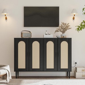 Rattan Sideboard Buffet Cabinet, 4 Doors Accent Storage Cabinet, Console Table Coffee Bar with Power Outlet, Adjustable Shelves - 1 of 4