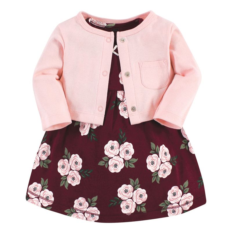 Hudson Baby Baby Girls Cotton Dress and Cardigan Set, Burgundy Floral, 1 of 6