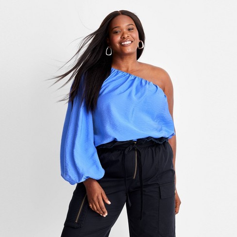 Women's Balloon Sleeve Asymmetrical One Shoulder Top - Future Collective™  with Jenny K. Lopez Blue XXL