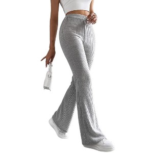 Womens Soft Knit Wide Leg Lounge Pants Casual Relaxed Comfy Loose Ribbed Pajama Pants - 1 of 4