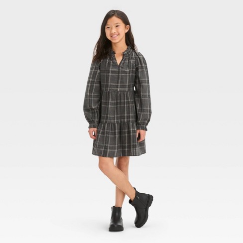 Girls' Long Sleeve Plaid Tiered Woven Dress - Cat & Jack™ Dark Gray XS