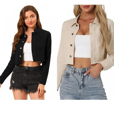 INSPIRE CHIC Women's Turn Down Frayed Button Down Washed Cropped Denim Jacket 2 Packs