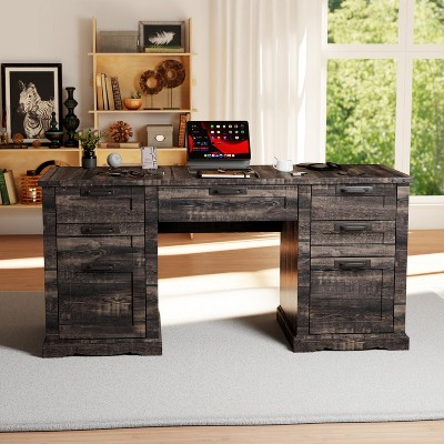 Executive Desk with Drawers, 60" Farmhouse Office Desk with Charging & File Drawer, Wood Home Writing Work Desk