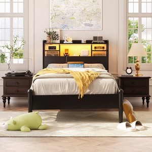 Besiost Headboard with Storage shelves and Charging Station, Wood Headboard with LED Light - 1 of 4