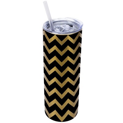 Elanze Designs Vegas Gold 20 Ounce Double Wall Stainless Steel Glitter Travel Tumbler With Sliding Lid And Straw, Chevron
