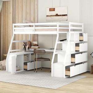 PAGED Twin Size Loft Bed with Desk, Modern Wooden Bed Frame with 2 Open Shelves, 7 Storage Drawers and Stairs for Bedroom - 1 of 4